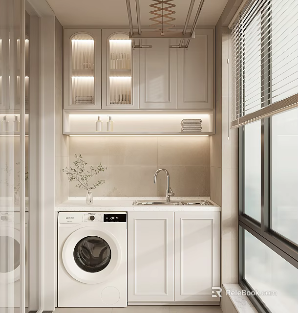 Modern Laundry Room Interior With Washing Machine Sink Cabinets And Window Blinds 3d model 