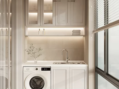 Modern Laundry Room Interior With Washing Machine Sink Cabinets And Window Blinds 3d model