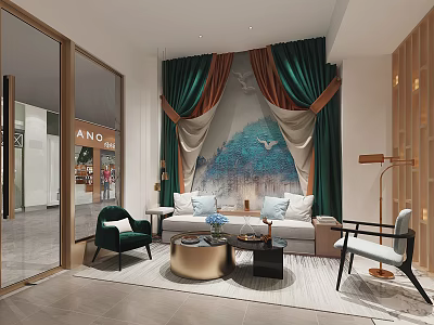 Elegant Modern Lounge Area With Green Curtains Beige Sofa And Scenic Wall Mural 3d model
