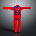 Red Jumpsuit With Blue Harness And Functional Design For Professional Activities