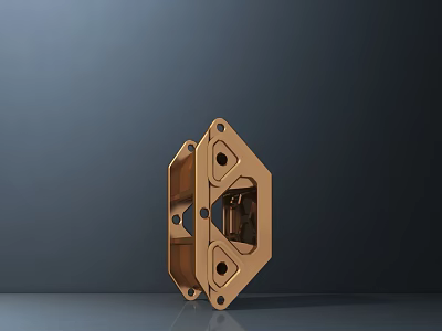 Golden Metal Mechanical Component With Holes And Geometric Design On Dark Background Surface 3d model