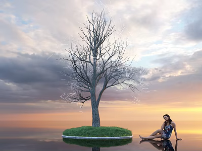 Bare Deciduous Tree Standing On Grass Island With Calm Water And Sunset Sky 3d model