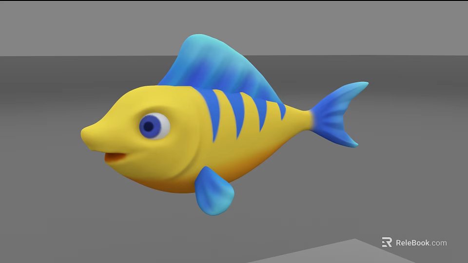 Cute Cartoon Aquatic Fish With Big Eyes Yellow Body Blue Fins Tail And Stripes 3d model 