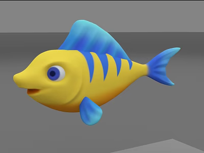 Cute Cartoon Aquatic Fish With Big Eyes Yellow Body Blue Fins Tail And Stripes 3d model