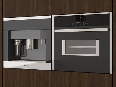 Modern Built in Kitchen Appliances Coffee Machine And Oven With Dark Wooden Cabinets 3d model