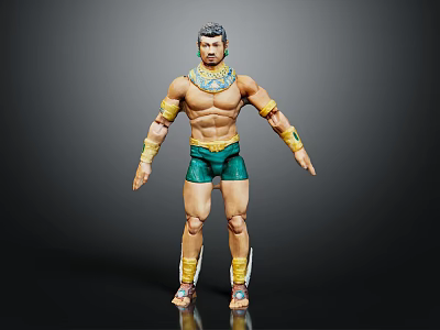 Muscular Male Character 3D Model With Green Shorts Gold Arm Bands And Blue Neck Ornament 3d model