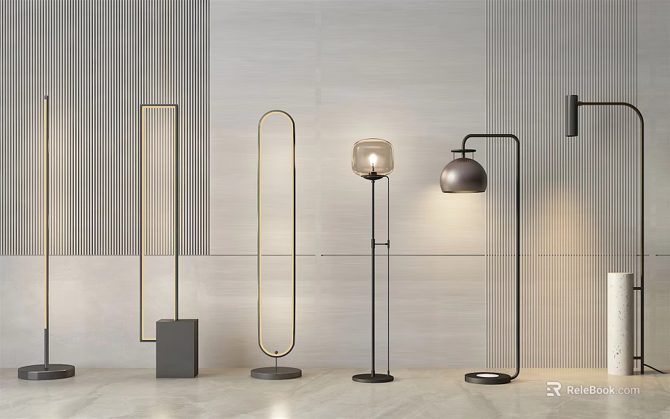 Modern Interior Featuring Different Stylish Floor Lamps With Striped Wall And Light Floor 3d model 