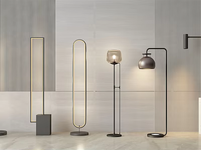 Modern Interior Featuring Different Stylish Floor Lamps With Striped Wall And Light Floor 3d model