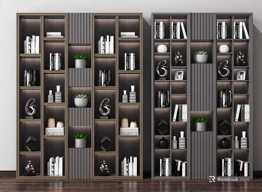 Modern Bookcase With Vertical Stripes Multiple Shelves Books Potted Plants And Decorative Items 3d model 