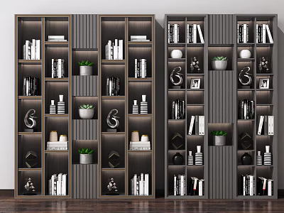Modern Bookcase With Vertical Stripes Multiple Shelves Books Potted Plants And Decorative Items 3d model
