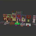 Colorful Building Block Model Structures With Red Green Gray Components And Various Shapes