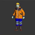 Worker Wearing Yellow Hard Hat Orange Jacket Blue Pants with Green Stripes and Black Boots