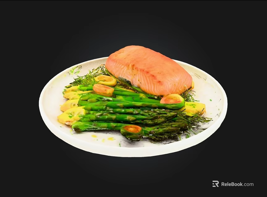 Grilled Salmon Fillet Served With Roasted Asparagus Garlic And Fresh Dill 3d model 
