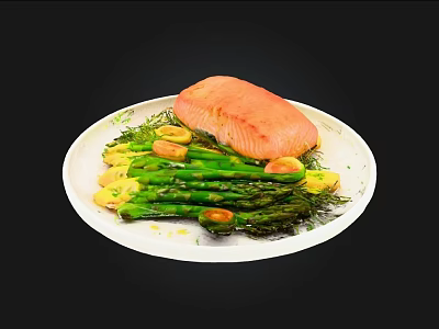 Grilled Salmon Fillet Served With Roasted Asparagus Garlic And Fresh Dill 3d model