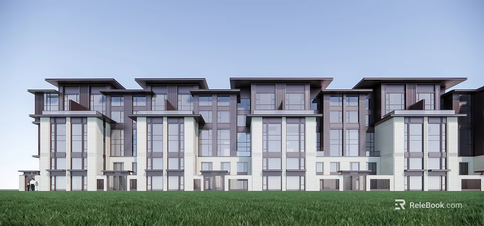 Modern Townhouses Exterior With Large Windows Green Lawn And Contemporary Design 3d model 