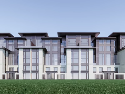 Modern Townhouses Exterior With Large Windows Green Lawn And Contemporary Design 3d model