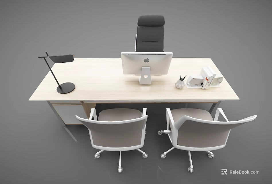 Modern Office Desk Setup With Computer Monitor Desk Lamp Stationery And Two Chairs 3d model 
