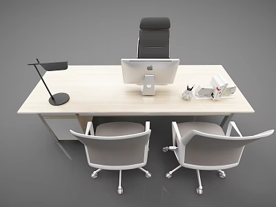 Modern Office Desk Setup With Computer Monitor Desk Lamp Stationery And Two Chairs 3d model
