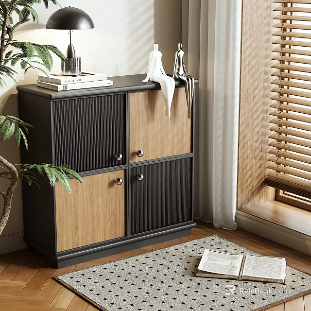 Modern Black And Wooden Storage Cabinet In Home Interior With Books Plant And Window Blinds 3d model 