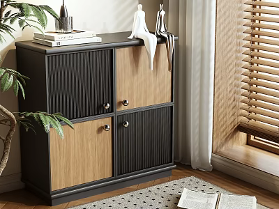 Modern Black And Wooden Storage Cabinet In Home Interior With Books Plant And Window Blinds 3d model