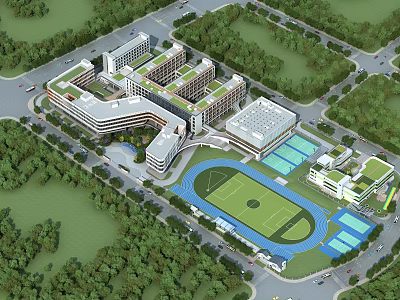 Modern School Building Complex With Classroom Structures Track Field And Lush Greenery 3d model
