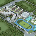 Modern School Building Complex With Classroom Structures Track Field And Lush Greenery 3d model
