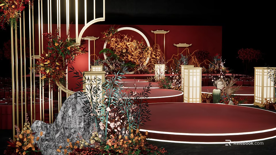 Chinese Style Wedding Stage With Red Background Circular Decorations Flowers And Lanterns 3d model 