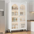 Modern Kitchen Kitchenware Storage In White Glass Door Cabinet With Lighted Interior Microwave Coffee Maker