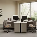 Modern Office Desk With Dual Monitors Office Chairs Green Plant And Natural Light