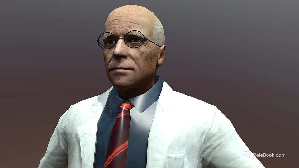 Bald Headed Game Movie Character In White Lab Coat With Red Tie And Glasses 3d model 