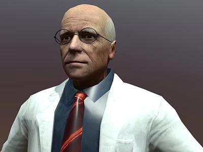 Bald Headed Game Movie Character In White Lab Coat With Red Tie And Glasses 3d model