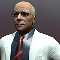 Bald Headed Game Movie Character In White Lab Coat With Red Tie And Glasses