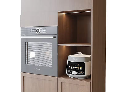 Modern Kitchen Appliances Oven And Rice Cooker In Built In Wooden Cabinet With Lighting 3d model