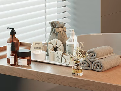Organized Bathroom Daily Wash Essentials With Linen Towels And Natural Bottles 3d model
