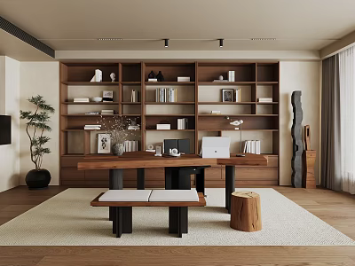 Modern Minimalist Study Room Interior With Wooden Bookshelves Desk Green Plant And Rug 3d model