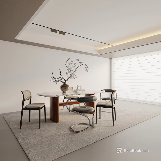 Modern Round Dining Table Set With Chairs Vase And Large Window Interior 3d model