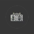 Cartoon Style Residential Building With Multi Story Gray Roof White Walls Balconies Green Railings And Chimneys