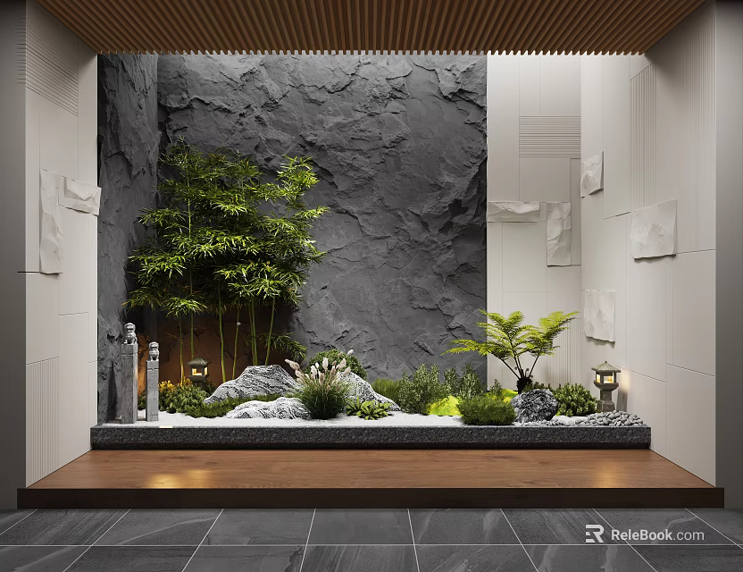Zen Courtyard Garden Design With Stone Wall Bamboo Green Plants And Wooden Platform 3d model 