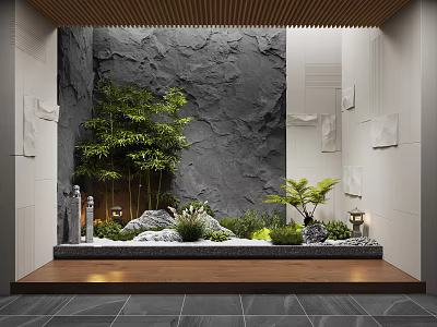 Zen Courtyard Garden Design With Stone Wall Bamboo Green Plants And Wooden Platform 3d model