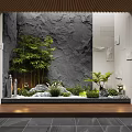 Zen Courtyard Garden Design With Stone Wall Bamboo Green Plants And Wooden Platform