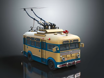 Vintage Yellow Blue Trolley Bus Featuring Roof Power Lines And Front Headlights Design 3d model