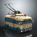 Vintage Yellow Blue Trolley Bus Featuring Roof Power Lines And Front Headlights Design