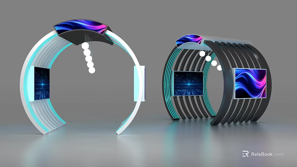 Modern Arched Display Installations With Screens And Purple Blue Lighting Effects 3d model 