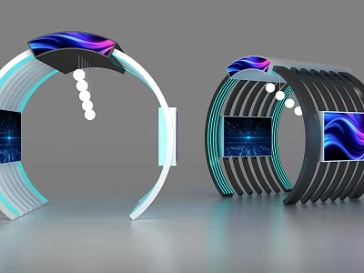 Modern Arched Display Installations With Screens And Purple Blue Lighting Effects 3d model