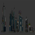 Cartoon Scene of Lego City Skyscrapers with Various Heights and Colorful Details