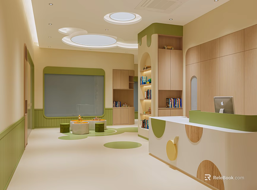 Bright Kindergarten Interior With Soft Colors Reception Desk And Bookshelves 3d model 