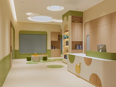 Bright Kindergarten Interior With Soft Colors Reception Desk And Bookshelves 3d model