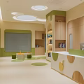 Bright Kindergarten Interior With Soft Colors Reception Desk And Bookshelves