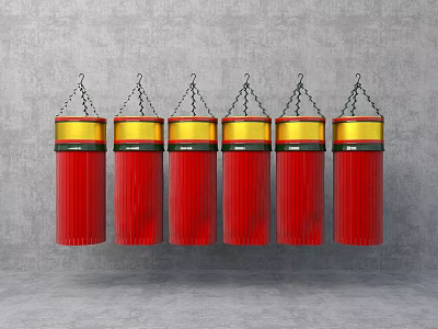 Six Red Cylindrical Pendants With Gold Top Rings Hanging By Chains On Gray Background 3d model