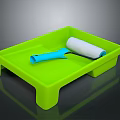 Green Paint Tray With Roller And Blue Handle Scraper For Home Painting